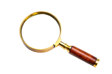A magnifying glass with a wooden handle and a gold frame on a black background in a studio shot