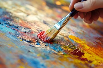 Fototapeta premium A vibrant and dynamic close-up of a paintbrush creating a colorful abstract painting, capturing the essence of creativity in motion.