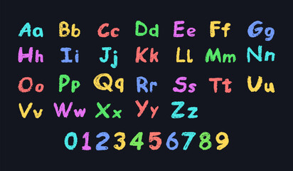 Colorful vector illustration of the English alphabet and numbers 0-9, hand-drawn in a crayon, chalk, pastel, or wax style. Highlighter effect on a board, perfect for kindergarten drawing and learning