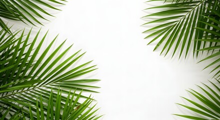 Fresh green palm leaves elegantly arranged on a white background creating a tropical vibe.