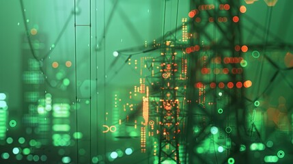 Tower and lines illuminated, blurry city lights in the background, green overlay tone