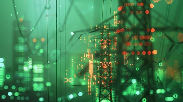 Tower and lines illuminated, blurry city lights in the background, green overlay tone