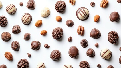 Assorted chocolates and nuts arranged on a white background