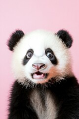 Fototapeta premium Cute Panda Cub Portrait on Pink Background, Close Up, Surprised Expression, Animal Photography, Mammal, Wildlife