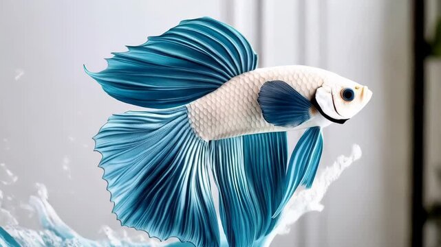 Elegant White and Blue Betta Fish Leaping into Water Bowl Splashing Artistic Aquatic Scene