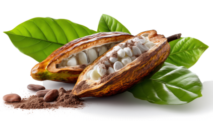Open Cocoa Pod with White Beans and Cocoa Powder on Green Leaves Close-Up on White Background
