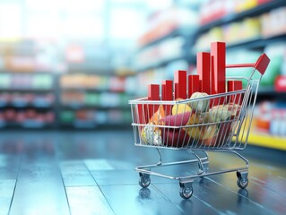Shopping Cart with Groceries and Red Bar Graph in Supermarket Aisle Eye-Level Shot