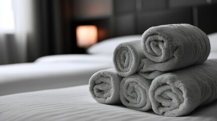 Rolled towels neatly placed on a bed in a luxury hotel suite ready for guests