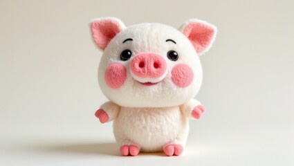 Fototapeta premium Plush pig doll, white background, soft wool, cute design