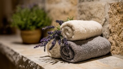 Rolled towels with fresh lavender placed on a stone counter in a wellness retreat