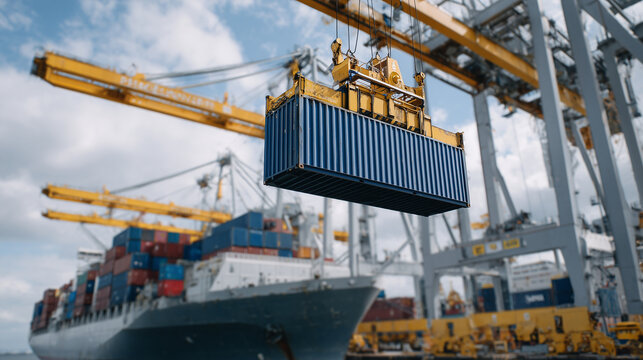 Shipping containers dangle above the dock, suspended from a crane that operates beside a ship the size of a skyscraper