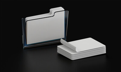 Minimalist Document Organization System with Stacked Papers and Folder on Dark Surface
