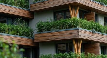 Fototapeta premium Sustainable apartment building with wood-clad balconies and lush green plants. Eco-friendly urban living concept. Biophilic design in modern residential architecture