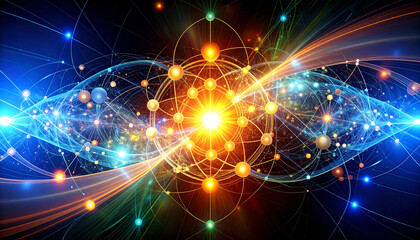 Obraz premium Quantum Computing Concept: An abstract and ethereal design with interconnected spheres and glowing lines, hinting at the complex nature of quantum computing.