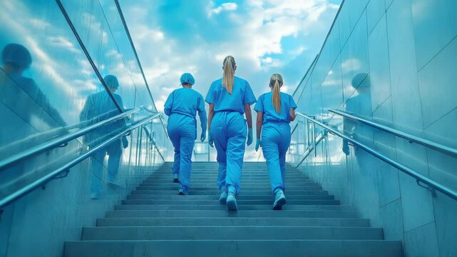 Healthcare workers walking up the stairs in a modern hospital