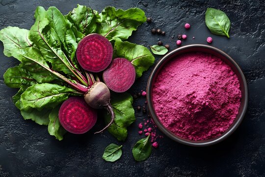Overhead view of fresh beetroot vegetable and vibrant beetroot powder in a bowl with fresh green leaves presented on a dark textured surface.