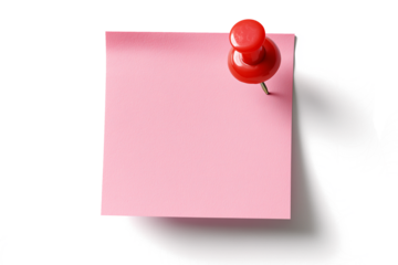 Pink Sticky Note with Red Push Pin on White Background – Blank Office Reminder Paper
