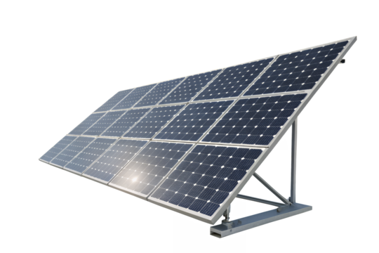 Array of solar panels angled to capture sunlight for energy generation usage on transparent background