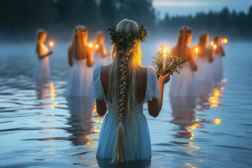Women Wearing Long White Dress and Wreath Holding Candles Standing in Lake at Night