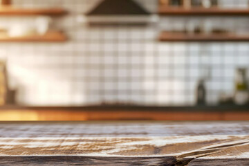 Empty wooden kitchen counter mockup, product display background. Wood table top on marble, blurred interior. Modern style home kitchen, restaurant advertising. Copy space for food, drinks, dishes