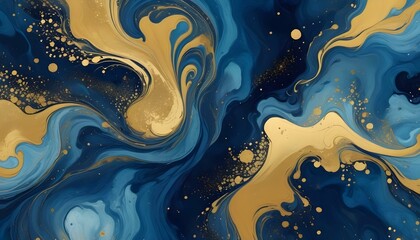 A captivating abstract artwork with elegant gold and blue fluid shapes in a flowing design.