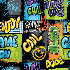 Abstract bright graffiti pattern. With bricks, paint drips, words in graffiti style. Graphic urban design for textiles, sportswear, prints.
