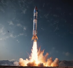 Rocket launch from rising blue graph; fiery blast, upward trajectory,  abstract,  launch,  analytics