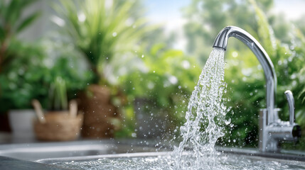 Close-up of cool, pure water splashing into a clear glass beneath a modern faucet, droplets suspended mid-air, cozy kitchen background with green plants