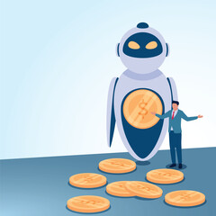 A man earns money from a big robot. A metaphorical illustration for working with artificial intelligence, earning money from the internet and freelancing.