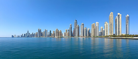 Naklejka premium Panoramic View Of Modern Cityscape With Skyscrapers And Waterfront