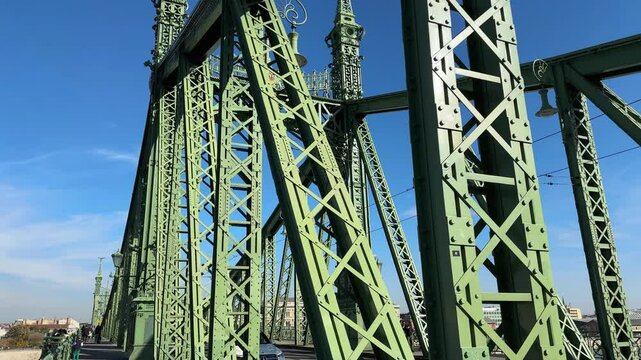 Liberty bridge trusses on river Danube in Budapest close-up