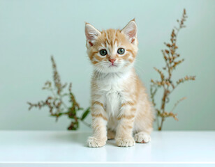 Obraz premium Adorable Kitten Poses Calmly, Near Plants