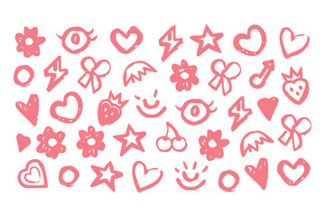Punk girl doodle graffiti set. cute crayon hearts, cherries, bows, rockstar grunge icons, Y2K sketch tattoos, chalk scribble style. Vector Clipart Vector Illustration.