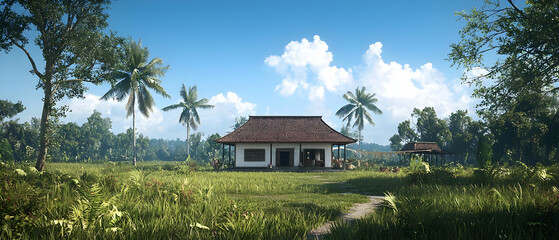 Fototapeta premium Tranquil Tropical Village House Under Sunny Sky