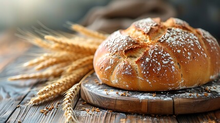 Artisan sourdough bread loaf with wheat stalks on rustic wooden table background, showcasing baking texture and delicious aroma.