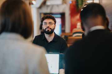 Business professionals converse and collaborate in an office setting during a team meeting, fostering a productive and professional atmosphere.