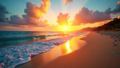 Serene sunset over a tranquil beach Golden hour light illuminates the sand and waves , evening, sun, sand