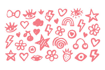 Punk girl doodle graffiti set. cute crayon hearts, cherries, bows, rockstar grunge icons, Y2K sketch tattoos, chalk scribble style. Vector Clipart Vector Illustration.