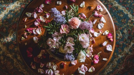 Top-down view of a blooming bouquet in a round vase with petals scattered on the table