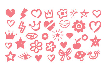 Punk girl doodle graffiti set. cute crayon hearts, cherries, bows, rockstar grunge icons, Y2K sketch tattoos, chalk scribble style. Vector Clipart Vector Illustration.
