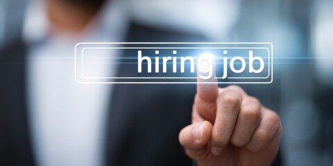 Hiring process at a corporate office with a candidate engaging in job search on a digital platform