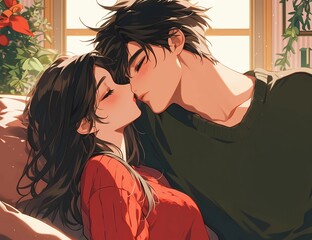 K-Pop Romance Korean Manga Illustration of a Young Couple Hanging Out	