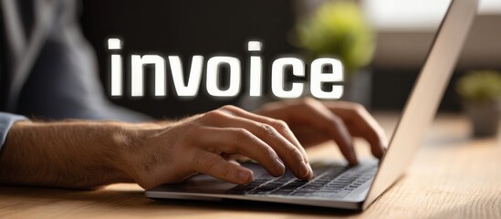 Person typing an invoice on a laptop in a cozy workspace during daylight hours