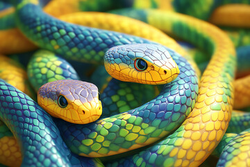 Fototapeta premium Colorful snakes intertwined in vibrant patterns against a bright background, showcasing nature's beauty