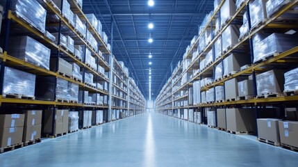 Fototapeta premium Warehouse operations logistics facility image of storage industrial environment wide-angle perspective of shelves