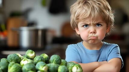 Fototapeta premium Blond child disgusted by brussels sprouts sitting at kitchen table