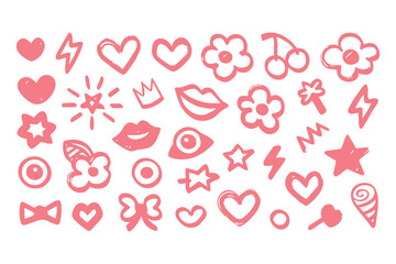 Punk girl doodle graffiti set. cute crayon hearts, cherries, bows, rockstar grunge icons, Y2K sketch tattoos, chalk scribble style. Vector Clipart Vector Illustration.