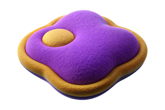A fluffy purple and yellow object with a circular indent on a plain setting on transparent background