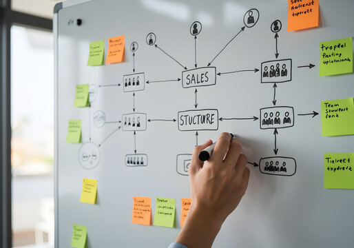 Business planning whiteboard session showing sales structure chart drawn with marker hand and colorful sticky notes for brainstorming team strategy