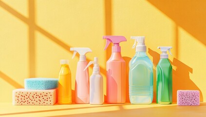 Colorful cleaning supplies arranged on a yellow background